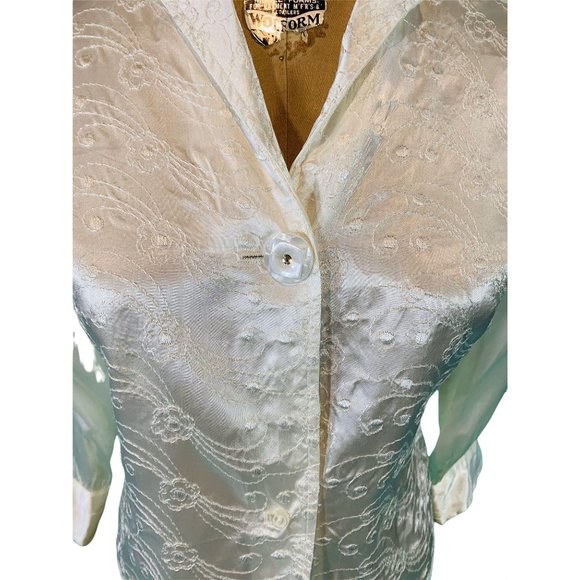 Vintage 1950s Satin Blouse White Embroidered Rhinestone Button Evening Top - Picture 3 of 10